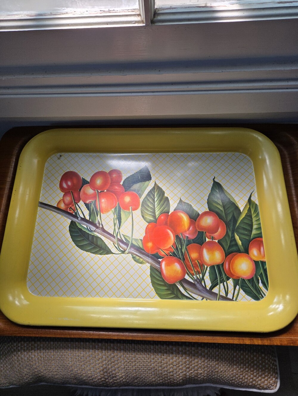 Vintage mid-century yellow-rimmed serving TV lap tray featuring a cherry branch